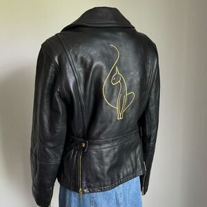 VTG Baby Phat Black Leather Moto Jacket W/ Gold Embroidery Cat Faux Fur Lined